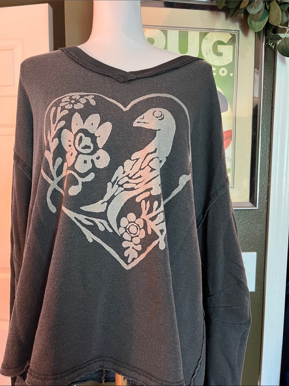 Free People We The Free GraphiPullover V neck Sweatshirt with Heart Bird Graphic